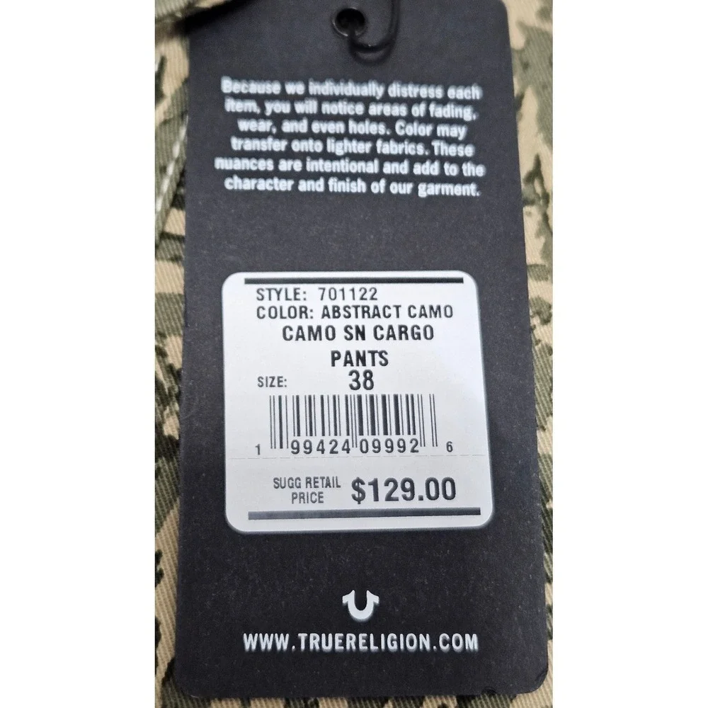 True Religion Mens Abstract Camo Cargo Pants Green‎ Swirl 701122 Size 38 NWT